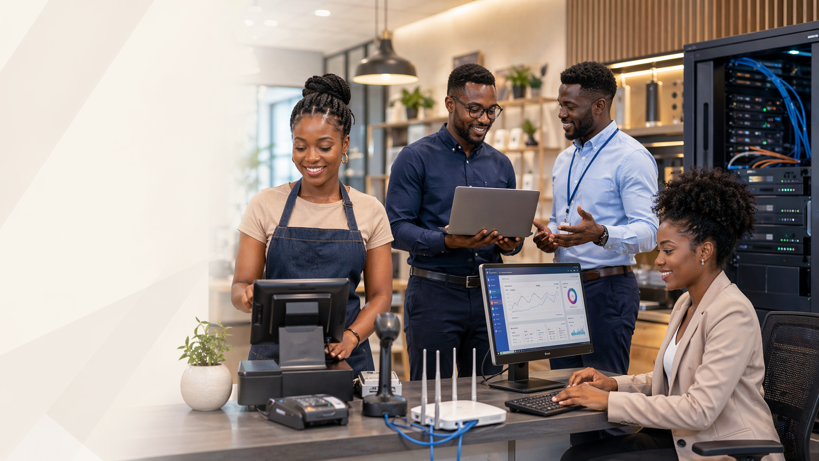 African business professionals using POS, ERP, and IT systems